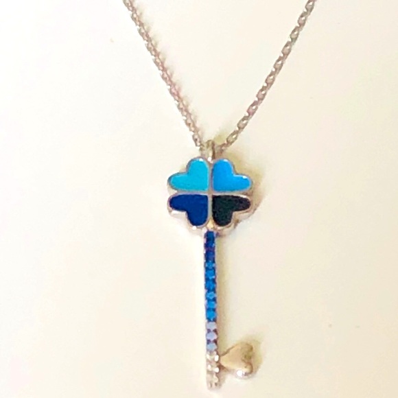 Jewelry - Blue heart clover key 925 silver cz necklace